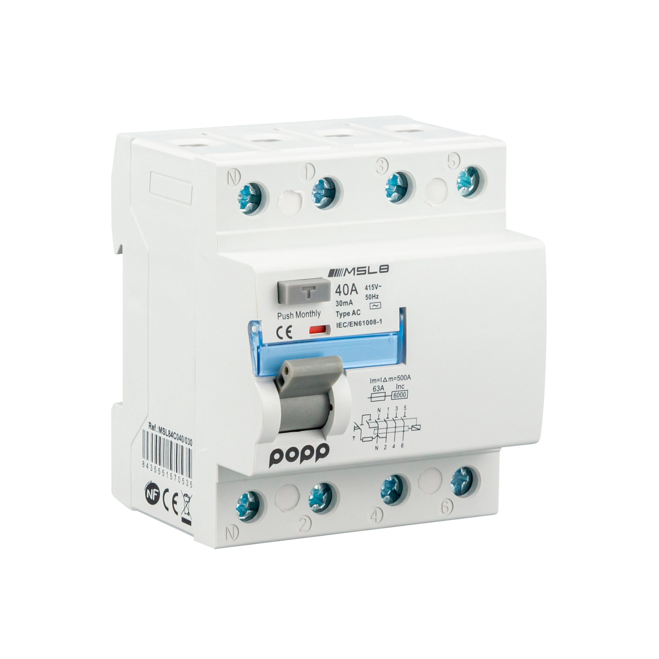 Interruptor 3P+N 40A 30mA diferencial serie MSL8 gama industrial